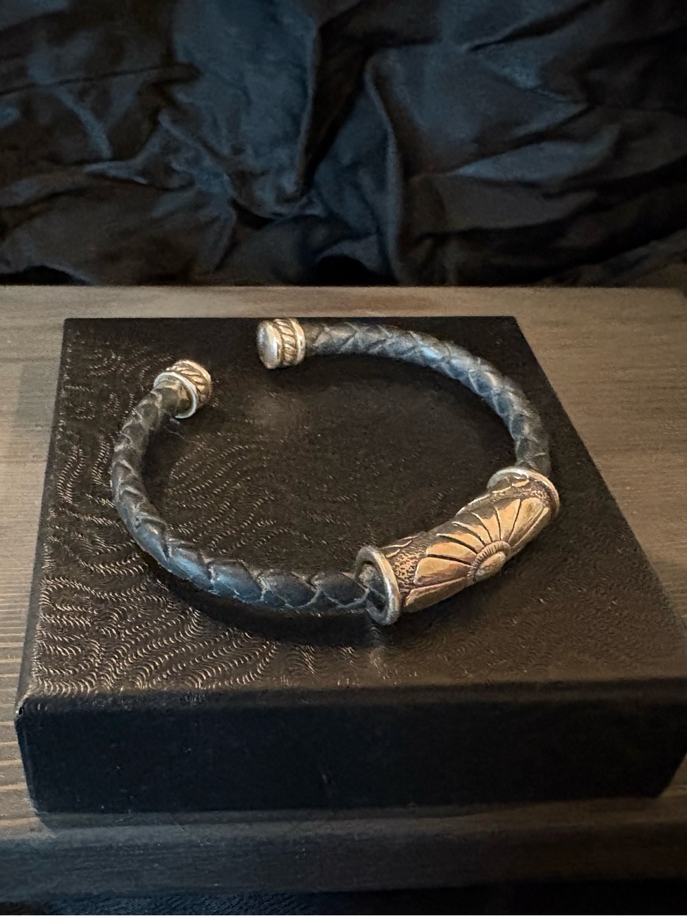 Braided Leather Cuff Bracelet with Decorative Silver-Tone Accents